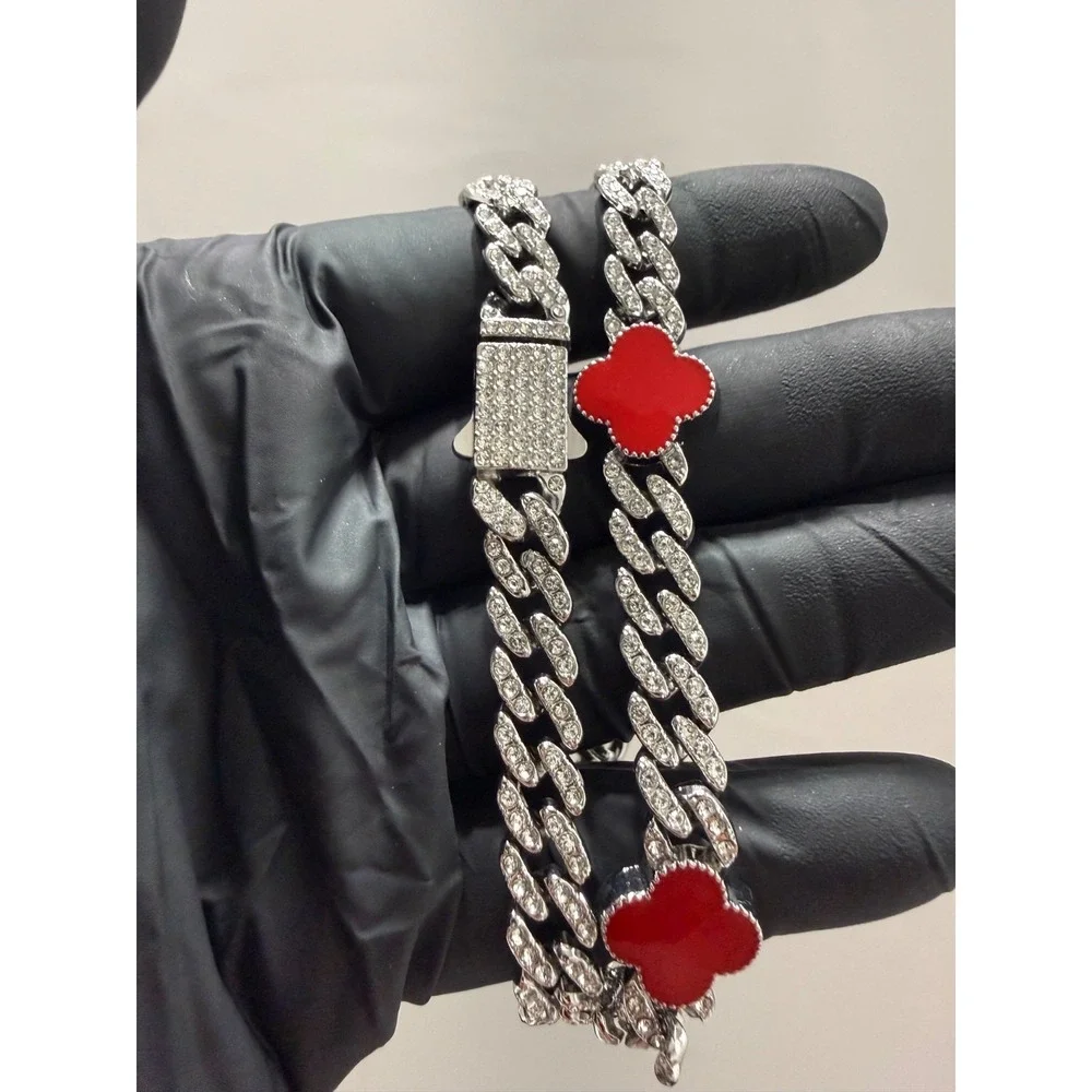 iced out cuban with red clover necklace 18inch 9mm push lock box